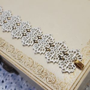 Vintage TRIFARI Gold White Enamel Lace Bracelet